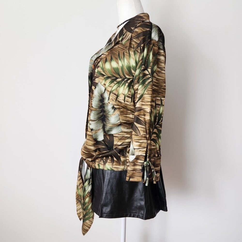 Vintage 70s Tropical Leaf Print Blouse Size 1X Tie Monstera Botanical Green Boho - Picture 3 of 13